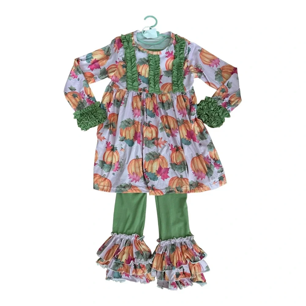 NWOT Pumpkin Leaf Fall Autumn Orange Crush Print Ruffle Top, leggings Set age 3T